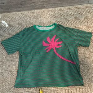 Ragabond Studio/ Free People Green Striped Tee with Pink Palm